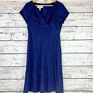 Donna Ricco‎ Silk Midi Dress Dots Navy Blue Cap Sleeves V-Neck Back Zip [Size 8]
